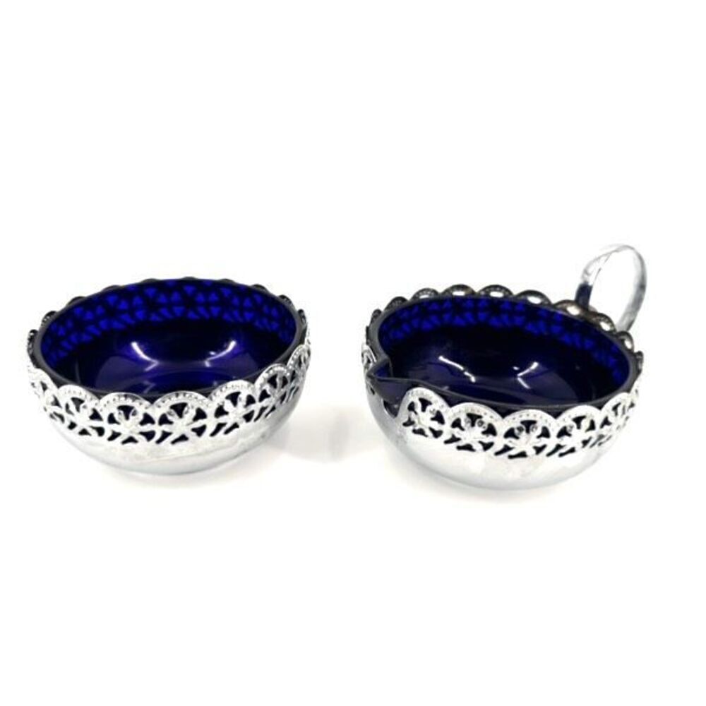 Vintage Silverplate Handle Glass Open Sugar and Creamer Set Cobalt Blue Large